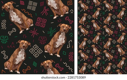Abstract ethnic pattern with Pitbull, black background, juneteenth seamless pattern with hand-drawn lines and colorful shapes in traditional African style. Summer seamless pattern with dogs. Bright