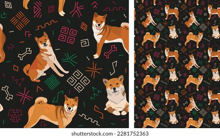 Abstract ethnic pattern with Shiba Inu, black background, juneteenth seamless pattern with hand-drawn lines and colorful shapes in traditional African style. Summer seamless pattern with dogs. Bright