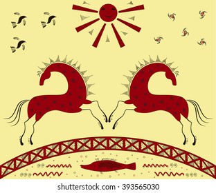 Abstract ethnic pattern, tribal background, red horse. Mezen painting. Vector illustration. eps10