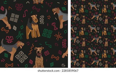 Abstract ethnic pattern with Welsh terrier, black background, juneteenth seamless pattern with hand-drawn lines and colorful shapes in traditional African style. Summer seamless pattern with dogs.