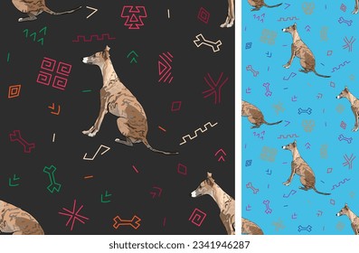 Abstract ethnic pattern with whippets on a black background, juneteenth seamless blue pattern with hand-drawn geometric icons. Summer seamless pattern with dogs and abstract colorful wild shapes.