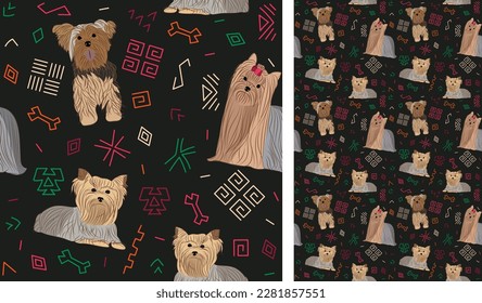 Abstract ethnic pattern with Yorkshire Terrier, black background, juneteenth seamless pattern with hand-drawn lines and colorful shapes in traditional African style. Summer seamless pattern with dogs.