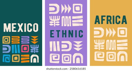 Abstract ethnic pictogram backgrounds. African boho art cards, posters, banners, covers design. Art elements, textured vertical design collections. Creative vector design