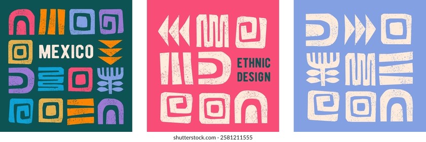 Abstract ethnic pictogram backgrounds. African boho art cards, posters, banners, covers design. Art elements, textured vertical design collections. Creative vector design