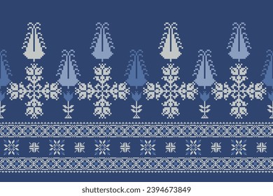 Abstract ethnic pixel border pattern flower. Aztec fabric boho mandalas India sari border design textile wallpaper. Tribal native motif African American saree borders elegant embroidery vector