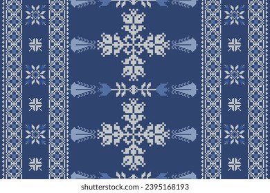 Abstract ethnic pixel border pattern flower. Aztec fabric boho mandalas India sari border design textile wallpaper. Tribal native motif African American saree borders elegant embroidery vector