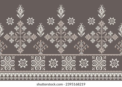 Abstract ethnic pixel border pattern flower. Aztec fabric boho mandalas India sari border design textile wallpaper. Tribal native motif African American saree borders elegant embroidery vector