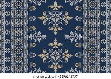 Abstract ethnic pixel border pattern flower. Aztec fabric boho mandalas India sari border design textile wallpaper. Tribal native motif African American saree borders Saree embroidery vector 
