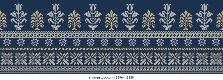 Abstract ethnic pixel border pattern flower. Aztec fabric boho mandalas India sari border design textile wallpaper. Tribal native motif African American saree borders Saree embroidery vector 
