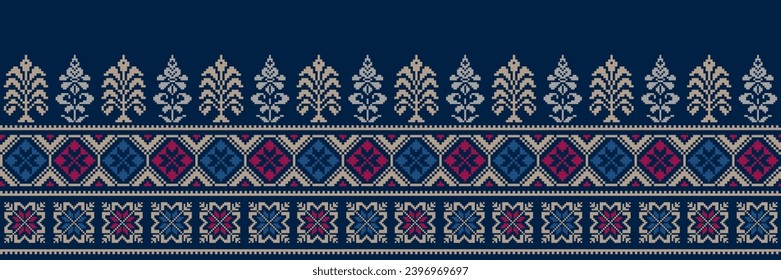 Abstract ethnic pixel border pattern flower. Aztec fabric boho mandalas India sari border design textile wallpaper. Tribal native motif African American saree borders Saree embroidery vector 
