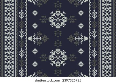 Abstract ethnic pixel border pattern flower. Aztec fabric boho mandalas India sari border design textile wallpaper. Tribal native motif African American saree borders Saree embroidery vector 

