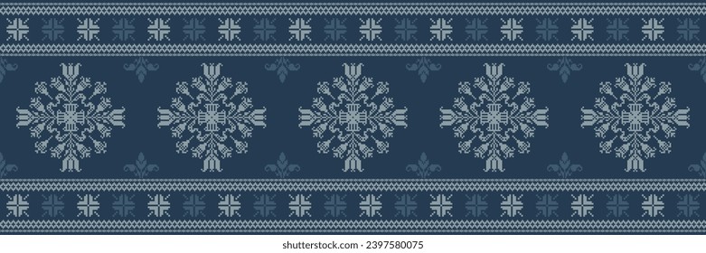 Abstract ethnic pixel border pattern flower. Aztec fabric boho mandalas India sari border design textile wallpaper. Tribal native motif African American saree borders Saree embroidery vector 