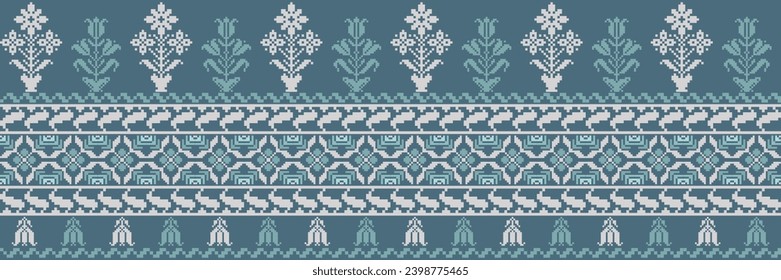 Abstract ethnic pixel border pattern flower. Aztec fabric boho mandalas India sari border design textile wallpaper. Tribal native motif African American saree borders Saree embroidery vector 