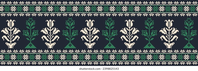 Abstract ethnic pixel border pattern flower. Aztec fabric boho mandalas India sari border design textile wallpaper. Tribal native motif African American saree borders Saree embroidery vector 