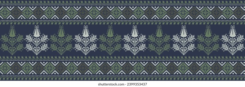 Abstract ethnic pixel border pattern flower. Aztec fabric boho mandalas India sari border design textile wallpaper. Tribal native motif African American saree borders Saree embroidery vector 