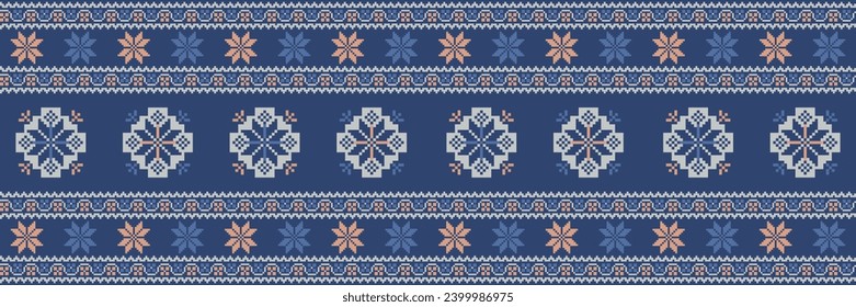 Abstract ethnic pixel border pattern flower. Aztec fabric boho mandalas India sari border design textile wallpaper. Tribal native motif African American saree borders Saree embroidery vector 