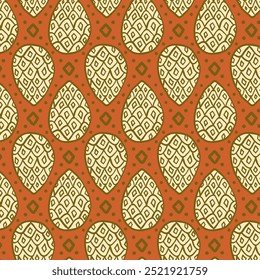 Abstract ethnic repeat pattern of pine cones against maroon background with doodle texture. Geometric traditional decorative print.