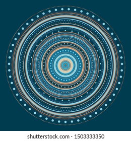 Abstract ethnic round ornamental pattern. Blue dotted painted plates