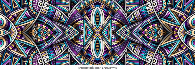 Abstract ethnic rug ornamental seamless pattern. Vector vintage background. Colorful tribal stripe banner design for print on fabric, textile, greeting cards, phone cases, scarves, wrapping paper