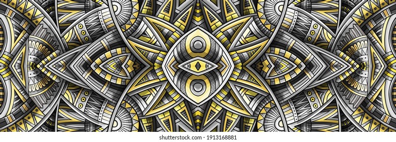 Abstract ethnic rug ornamental seamless pattern. Vector vintage yellow and grey background. Pantone colors of the year 2021 tribal stripe design for print on fabric, textile, greeting cards