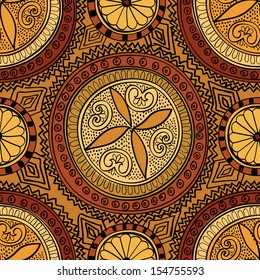 Abstract Ethnic Seamless Background. Circle Geometric Pattern. Floral line texture. 