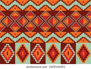 abstract ethnic seamless fabric pattern background, orange, red and green colors, geometric template for wallpaper, poster.