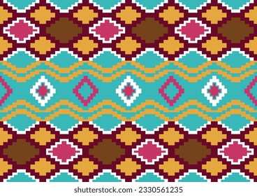 abstract ethnic seamless fabric pattern background, yellow, pink and green colors, geometric template for wallpaper, poster.