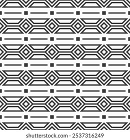 Abstraktes ethnisches nahtloses geometrisches Muster. Stammes- und ethnisches Motiv, nahtloser Hintergrund mit geometrischen Formen. Schwarz-weißer Vektorhintergrund. Design für Hintergrund, Kleidung, Umhüllung, Batik, Stoff