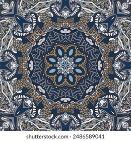 Abstract ethnic seamless pattern elehgant background. Ethnic geometric mandala doodle print. Vector medallion folk art style design in natural colors