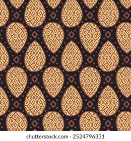 Abstract ethnic seamless pattern of ginger pine cones against dark brown background with doodle texture. Geometric traditional print.