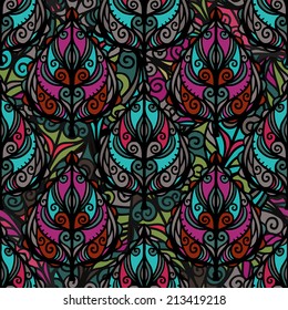 Abstract ethnic seamless pattern with leaves. Floral repeating background. Endless print texture. Fabric design. Wallpaper - vector 