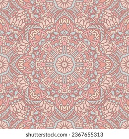 Abstract ethnic seamless pattern mandala background. Indian style design surface. Handdrawn surface Vector medallion folk art design in pastel colors.