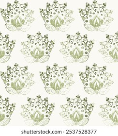 Abstract ethnic seamless pattern texture background in Hand drawn. simple aqua green flower with leaf pattern for textiles, wallpaper, tiles,..