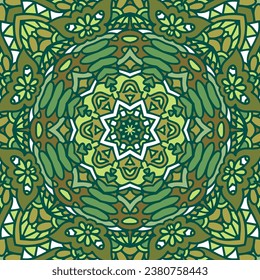 Abstract ethnic seamless pattern tribal background. Ethnic geometric mandala doodle print. Vector medallion folk art style design in green colors