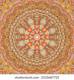 Abstract ethnic seamless pattern tribal autumn background. Vector medallion folk art style design in pastel muted colors. Floral ornamental design