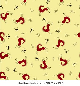 Abstract ethnic seamless pattern, tribal background, red horse. Mezen painting. Vector illustration. eps10