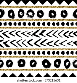 Abstract ethnic seamless repeat pattern in black, gold glitter and white. Modern and stylish abstract design poster, cover, card design.