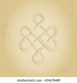 Abstract ethnic sign endless knot in sepia brown colors isolated on grunge old background. Vector illustration. File editable, scalable and easy color change.