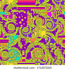 Abstract ethnic spanish patchwork tile wallpaper, vector seamless pattern. Pea patchwork ornament bright flaps with stripes, arabesques, mosaic suitable textiles.Patchwork paisley and border pattern.