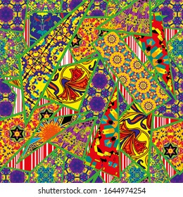 Abstract ethnic spanish tile patchwork wallpaper, vector seamless pattern. The patchwork is decorated with bright patches of bizarre azulejos mosaics suitable for textiles. Moroccan mosaic