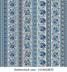 Abstract ethnic stripy floral ornamental vector background. Seamless pattern
