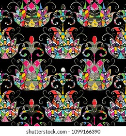 Abstract ethnic style geometric seamless pattern. Vector ornamental tribe background with geometrical colorful flowers, shapes, elements, zigzag, triangles, rhombus, stripes, lines. Tribal ornaments.