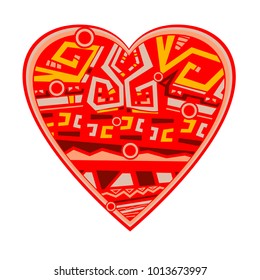 Abstract ethnic style red heart with tribal pattern inside. Vector design element dedicated to 14 of February