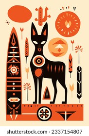 Abstract ethnic style vector illustration of black fox, coyote. Trandy design, retro. Geometric form, unique style art. . For poster, card, banner, logo, typography.