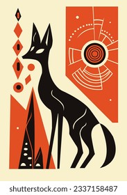 Abstract ethnic style vector illustration of coyote, fox, simple design, retro. Geometric form, unique style art. For poster, card, banner, logo, typography.