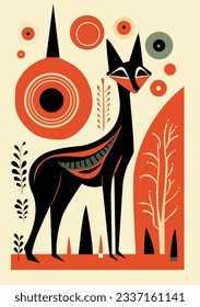 Abstract ethnic style vector illustration of fox, simple design, retro. Geometric form, unique style art. For poster, card, banner, logo, typography.