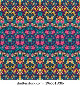 Abstract ethnic tribal festive pattern for fabric. Stars and flowers doodle colorful seamless pattern ornamental.