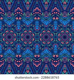 Resumen del patrón festivo étnico tribal para la tela. Doodle geométrico colorido patrón transparente ornamental. Diseño textil de impresión étnica detallada con un patrón psicodélico.
