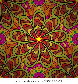 Abstract ethnic vector seamless pattern. Tribal art boho print, vintage flower background. Background texture, wallpaper, floral theme in yellow, black and red colors.