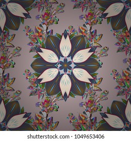 Abstract ethnic vector seamless pattern. Flowers of the valley on neutral, blue and beige colors. Flowers.